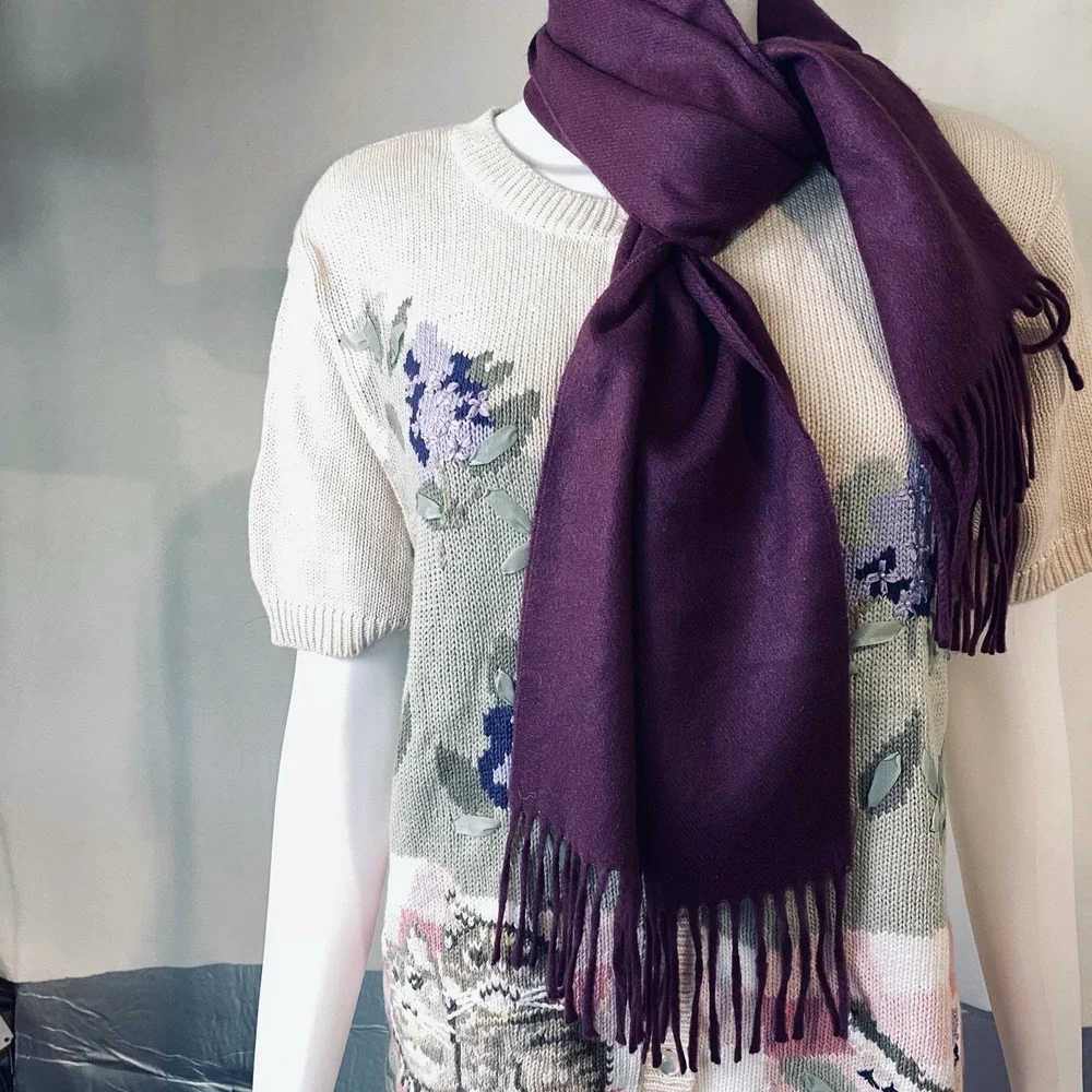VTG Christian Dior Echarpes Purple Cashmere Feel Fringe Scarf Japan 54.5